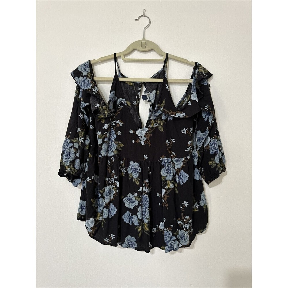 American Eagle Blouse Top  Black Blue Floral Cold Shoulder BOHO Peplum Sz L A41